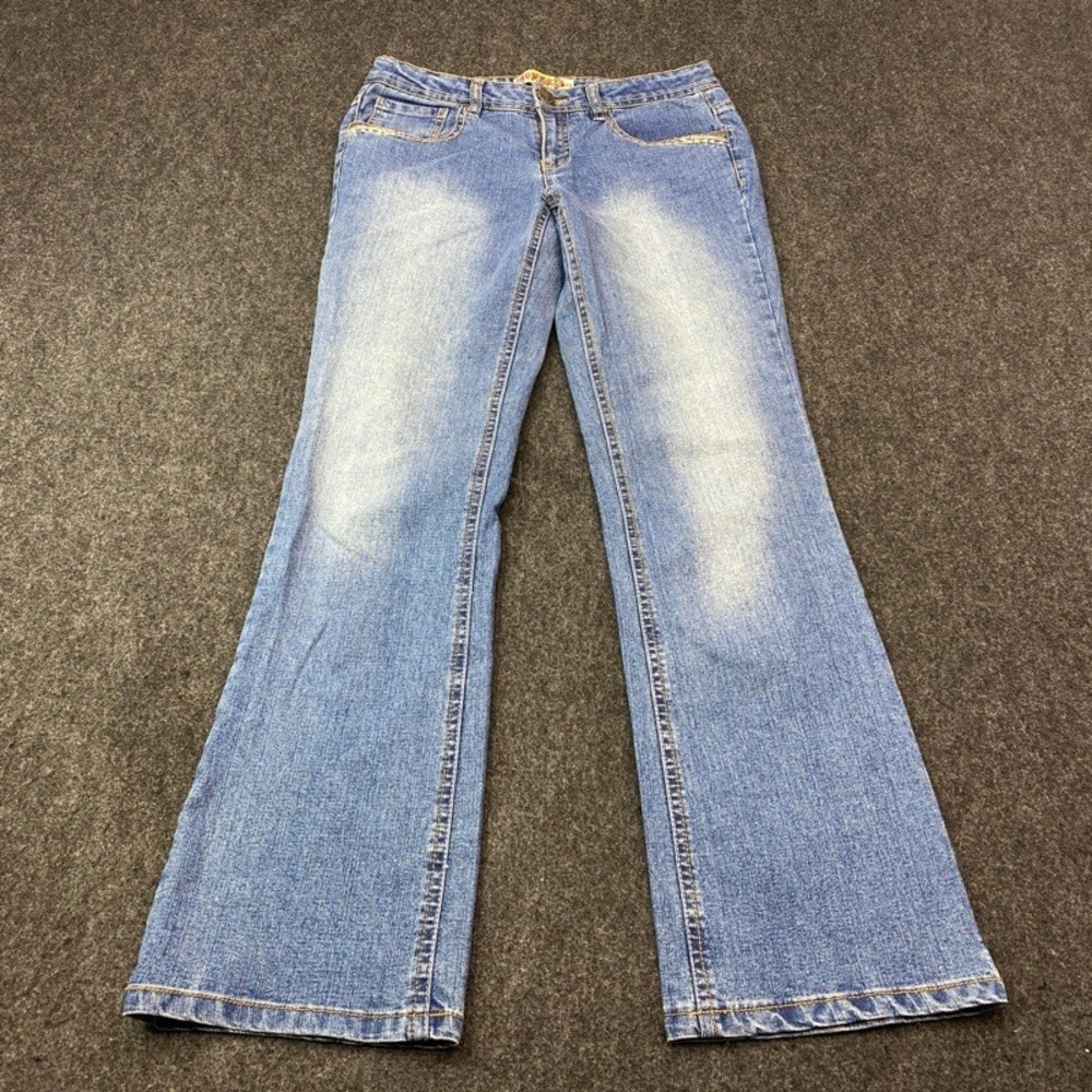 Squeeze Bootcut Jeans Women 25 Blue Embroidered Adjustable Waist Faded Denim